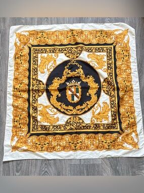 VTG  baar & beards Silk Square Scarf Hand Rolled Baroque Royal Crest Navy Gold